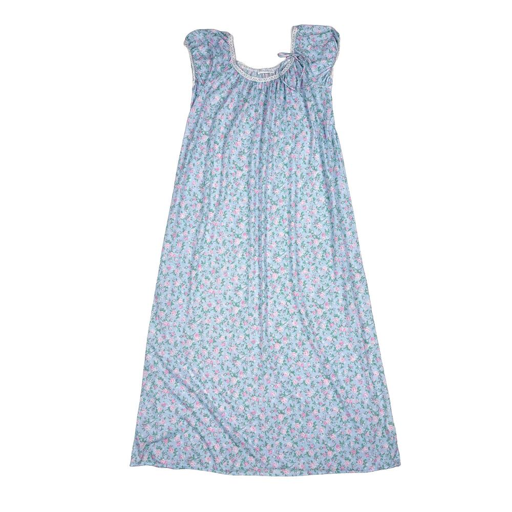 Miss Elaine VTG Women Floral Nightgown Blue Pink Lace Cottagecore Prairie USA